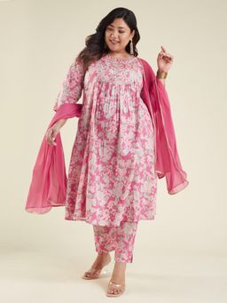 Janasya - Womens Plus Size Pink Yoke Embroidered Floral Printed A-Line Kurta, Pant & Dupatta