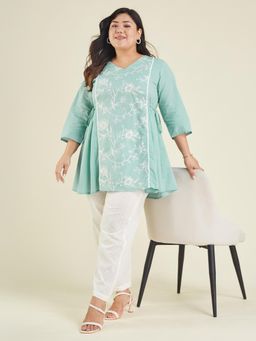 Janasya - Womens Plus Size Light Pure Blue Cotton Embroidered A-Line Tunic