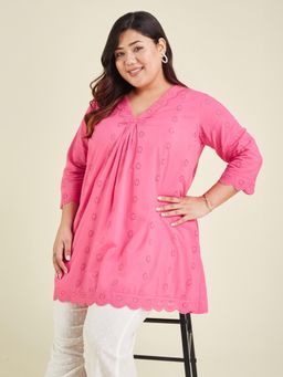 Janasya - Womens Plus Size Pink Pure Cotton Schiffli A-Line Tunic