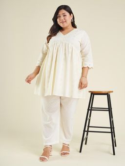 Janasya - Womens Plus Size Off White Pure Cotton Schiffli A-Line Tunic