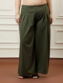 AAREIN - Women Olive Green Wide Leg Pleated Trouser