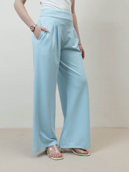 AAREIN - Women Blue Twill Pleated Flared Trouser