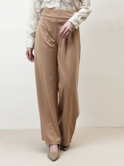 AAREIN - Women Beige Twill Pleated Flared Trouser