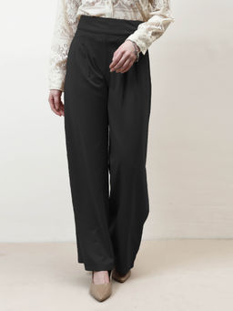 AAREIN - Women Black Twill Pleated Flared Trouser