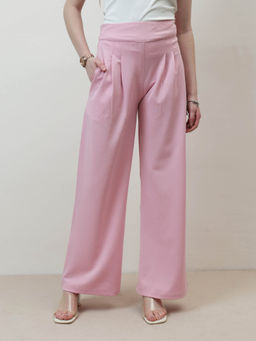 AAREIN - Women Pink Twill Pleated Flared Trouser