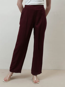 AAREIN - Women Maroon Linen Pin-Tucks Trouser