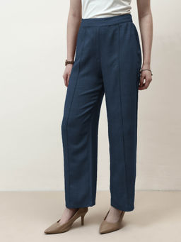 AAREIN - Women Blue Linen Pin-Tucks Trouser