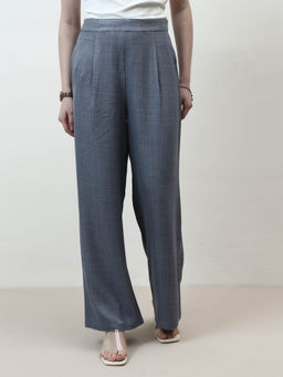 AAREIN - Women Blue Linen Pleated Flared Trouser