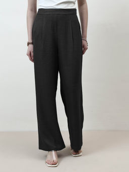 AAREIN - Women Black Linen Pleated Flared Trouser