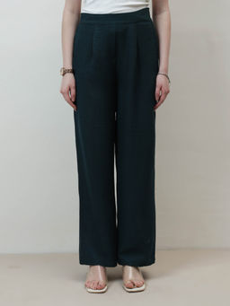 AAREIN - Women Bottle Green Linen Pleated Flared Trouser
