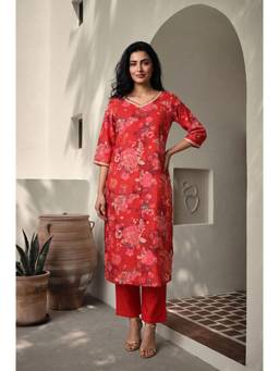 Aurelia - Women Red Floral Printed Cotton Silk Straight Kurta
