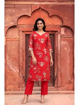 Aurelia - Women Red Foil Printed Sequins Straight Kurta