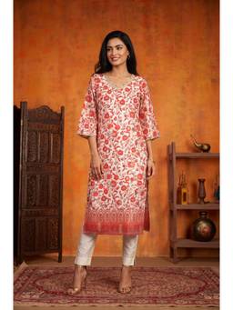 Aurelia - Women White Floral Printed Sequins Cotton Silk Straight Kurta