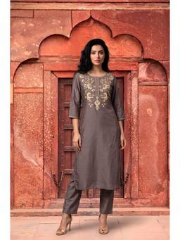 Aurelia - Women Grey Embroidered Straight Kurta