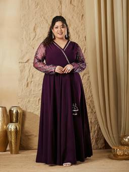Miss Chase - A+ Curve Plus Size Women's Dark Purple Georgette Ethnic Dress