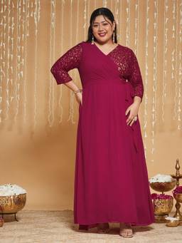 Miss Chase - A+ Curve Plus Size Pink Wrap Maxi Georgette Ethnic Dress