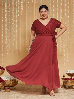 Miss Chase - A+ Curve Plus Size Brick Red Georgette Maxi Dress
