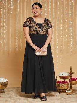 Miss Chase - A+ Curve Plus Size Women Black Overlaid Georgette Maxi Dress
