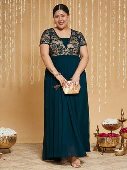 Miss Chase - A+ Curve Plus Size Women Teal Overlaid Georgette Maxi Dress