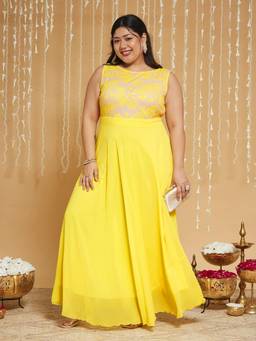 Miss Chase - A+ Curve Plus Size Women Yellow Floral Fit And Flare Maxi Dress