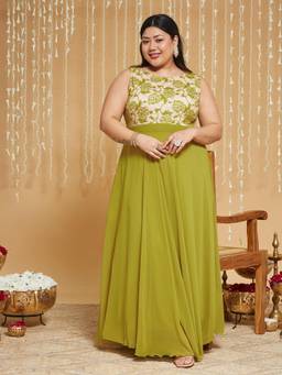Miss Chase - A+ Curve Plus Size Women Green Floral Lace Fit And Flare Dress