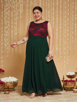 Miss Chase - A+ Curve Plus Size Women Dark Green Fit And Flare Maxi Dress