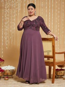 Miss Chase - A+ Curve Plus Size Women Mauve Georgette Maxi Dress