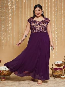 Miss Chase - A+ Curve Plus Size Women Dark Purple Fit And Flare Maxi Dress