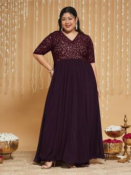 Miss Chase - A+ Curve Plus Size Women Wine Georgette Maxi Dress