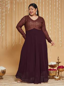 Miss Chase - A+ Curve Plus Size Women Wine Georgette Maxi Dress