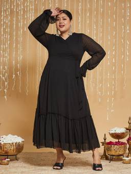Miss Chase - A+ Curve Plus Size Women Black Self Design Wrap Maxi Dress