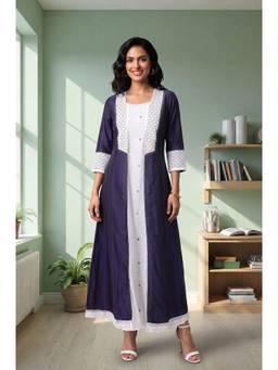 Aurelia - Women Navy Blue Pure Cotton Flared Dress With Jacket