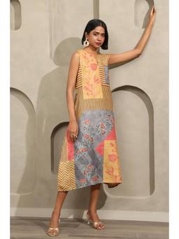 Soch - Women's Mustard Linen Botanical Printed A-Line Dress
