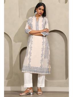 Soch - Women's Off White Linen Botanical Printed Kurta