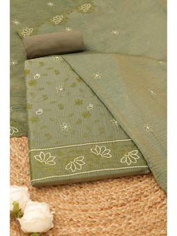 Soch - Women's Olive Embroidered Unstitched Kurta, Bottom With Dupatta