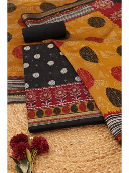 Soch - Women's Black Maheshwari Silk Printed Unstitched Kurta, Bottom With Dupatta