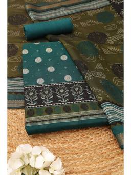 Soch - Women's Teal Maheshwari Silk Printed Unstitched Kurta, Bottom With Dupatta