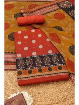 Soch - Women's Rust Maheshwari Silk Printed Unstitched Kurta, Bottom With Dupatta