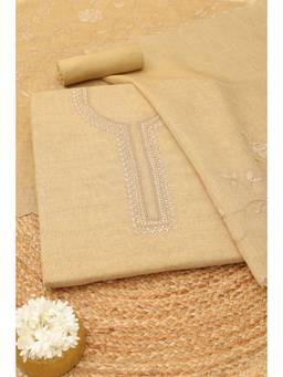 Soch - Women's Beige Linen Embroidered Unstitched Kurta, Bottom With Dupatta