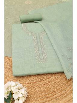 Soch - Women's Green Linen Embroidered Unstitched Kurta, Bottom With Dupatta