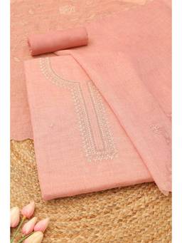 Soch - Women's Pink Linen Embroidered Unstitched Kurta, Bottom With Dupatta