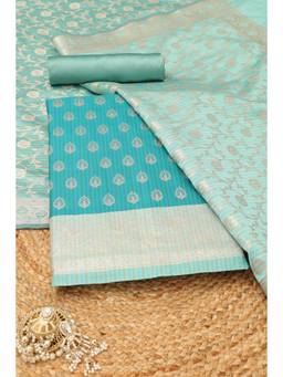 Soch - Women's Turquoise Silk Zari Woven Unstitched Kurta, Bottom With Dupatta
