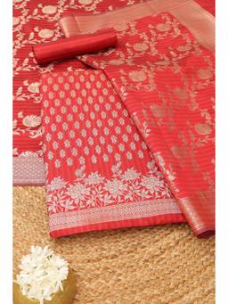 Soch - Women's Red Silk Zari Woven Unstitched Kurta, Bottom With Dupatta