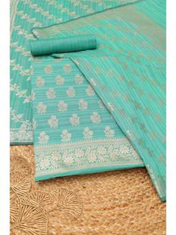 Soch - Women's Turquoise Silk Zari Woven Unstitched Kurta, Bottom With Dupatta