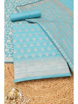 Soch - Women's Blue Silk Zari Woven Unstitched Kurta, Bottom With Dupatta