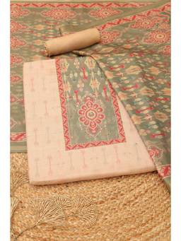 Soch - Women's Beige Silk Ikat Printed Unstitched Kurta, Bottom With Dupatta