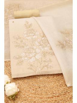 Soch - Women's Beige Linen Embroidered Unstitched Kurta, Bottom With Dupatta