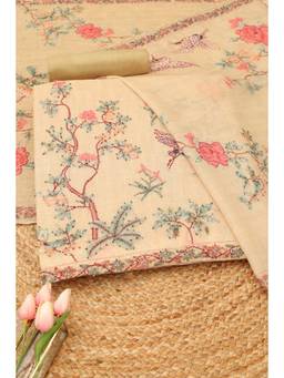 Soch - Women's Beige Linen Printed Unstitched Kurta, Bottom With Dupatta