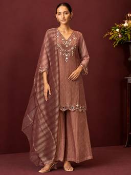 Autumnlane - Elini Brown Mirror Work Kurta Palazzo And Dupatta