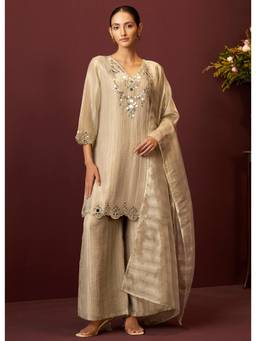 Autumnlane - Elini Beige Mirror Work Kurta Palazzo And Dupatta